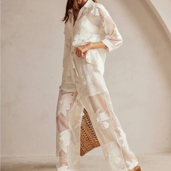 Pants - Elegant White Floral Sheer Jumpsuit